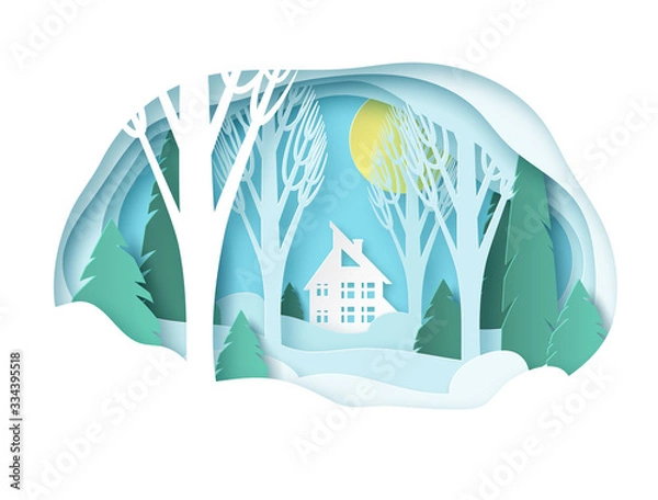 Fototapeta Winter paper landscape with house. Snowy forest with trees without leaves and fir trees. Snowdrifts, snow, sunny day. Glade. Vector