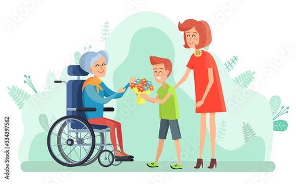 Fototapeta Small kid giving flowers to senior lady sitting on wheelchair vector. Mother with child taking care for old person disabled character. Boy with bouquet