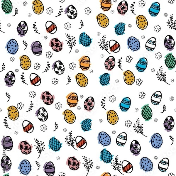 Fototapeta An Easter pattern made of easter eggs and flowers