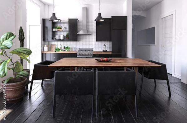 Fototapeta Open plan modern kitchenette and dining area