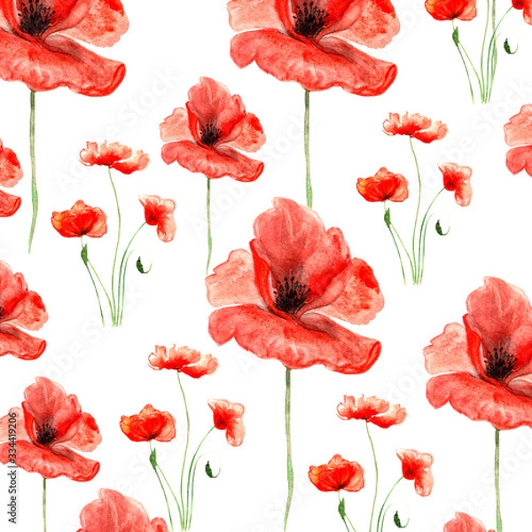 Fototapeta big and small red summer poppies with stems watercolor painted pattern