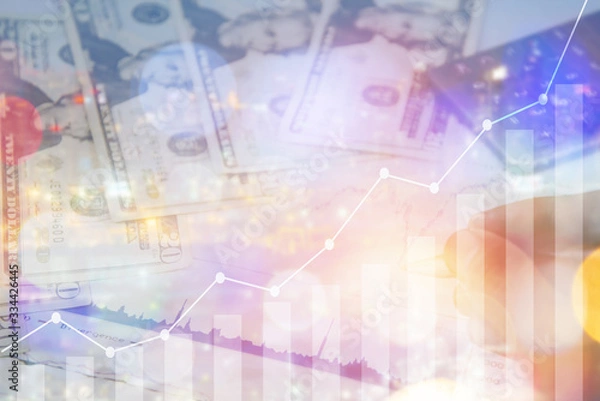 Fototapeta Double exposure of graph and rows of coins for finance and business concept