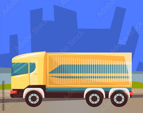 Fototapeta Lorry with compartment for goods or cargo vector, car transporting big items. Cityscape at night, silhouette of skyscrapers, van transport. Automobile service shipping and delivering objects