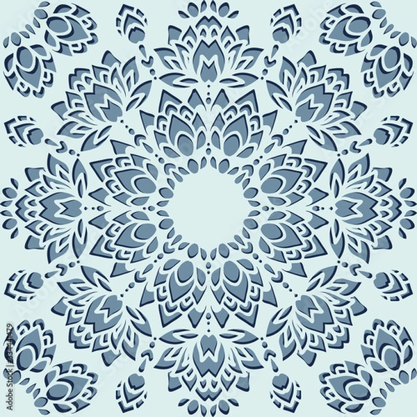 Fototapeta Seamless vector pattern with paper cut flowers on light blue background. Floral lace snowflake wallpaper design.