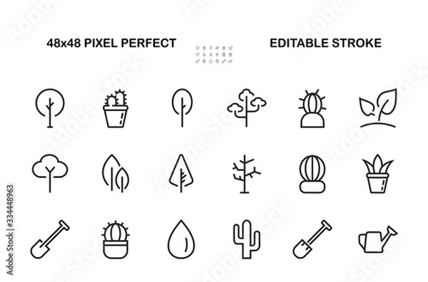 Fototapeta   A set of Rosteniya Icons, and garden care, Vector illustration, Contains Icons such as tree, cactus, watering can, spade, flower and much more. on a white background, editable bar 480x480