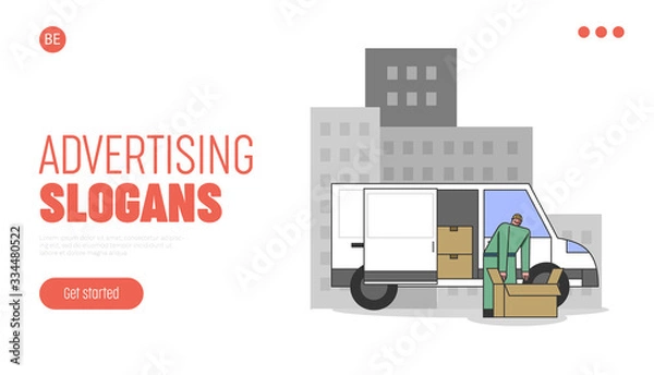 Obraz Concept Of City Advertisement. Website Landing Page. Male Character Or Courier Unpacking Promotional Item To Post It On Big Billboard. Web Page Cartoon Linear Outline Flat Style. Vector Illustration
