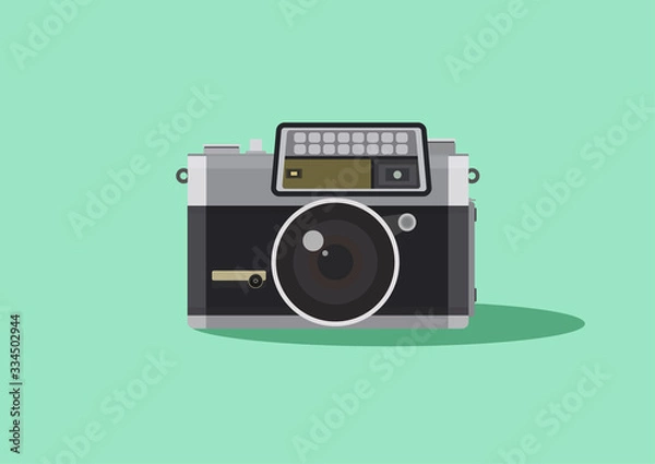 Fototapeta Retro camera in a flat style on a colored background. Old camera design. Vintage film camera. Vector illustration. Analogue 35mm camera