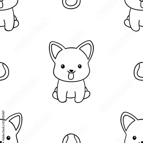 Obraz Simple seamless pattern, black and white cute kawaii hand drawn dog doodles, coloring pages