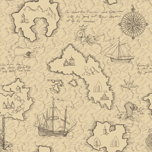 Obraz Old caravel, vintage sailboat, sea monster. Seamless pattern