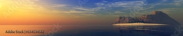 Obraz panoramic sea sunset, island in the ocean at sunset, sunrise over the water in the tropics, 3D rendering