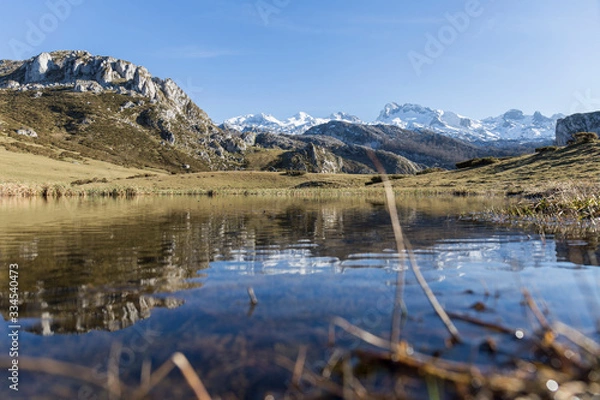 Obraz mountainous landscape, small lake in which the mountain, the meadow and the blue sky are reflected