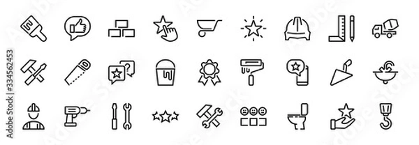 Fototapeta Set of construction icons, simple vector lines, contains the following icons builder, roller, hammer with wrench, toilet bowl and much more. Editable stroke. 48x48 pixels perfect, white background