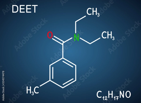 Fototapeta DEET, diethyltoluamide, N,N-Diethyl-meta-toluamide, C12H17NO  molecule. It is active ingredient in insect repellents. Structural chemical formula on the dark blue background
