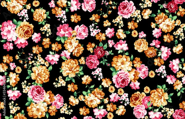 Fototapeta pink Shabby chic vintage roses, tulips and forget-me-nots vintage seamless pattern, classic chintz floral repeat background for web and print