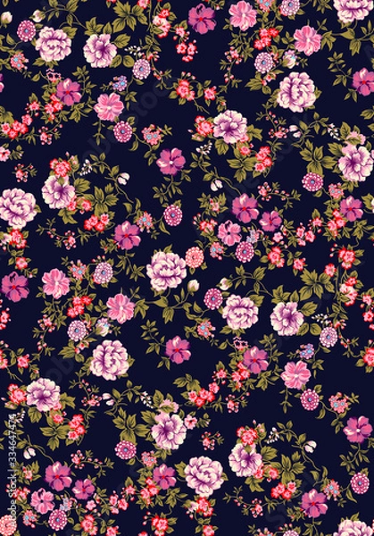 Fototapeta beautifull floral  Shabby chic vintage roses, tulips and forget-me-nots vintage seamless pattern, classic chintz floral repeat background pattern for web and print