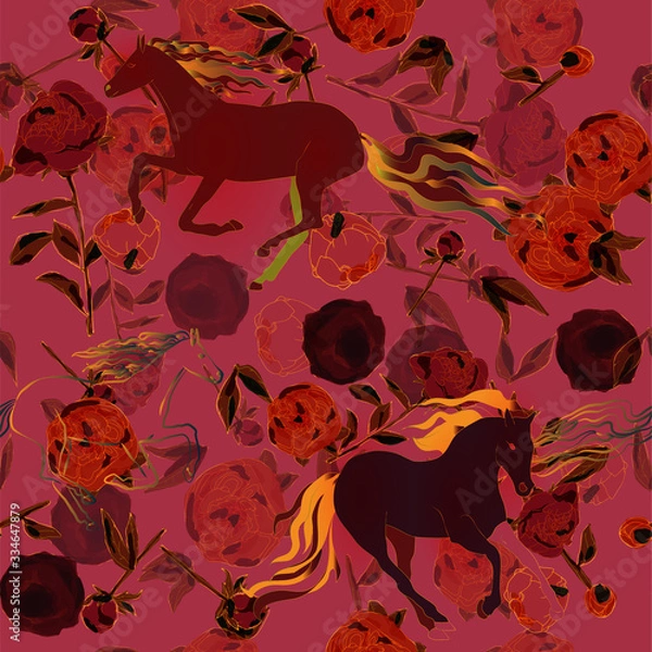 Obraz Horses and leaves, stems and inflorescences of peonies and roses vector illustration. Picture with pink, blue and white flowers on black background. Endless pattern.
