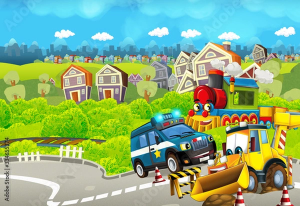 Fototapeta Cartoon funny looking train near the city with police car and excavator digger car driving and plane flying - illustration