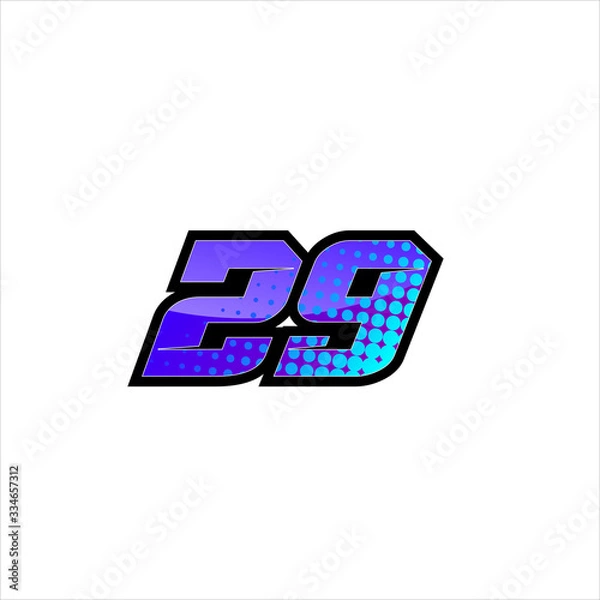 Fototapeta Vector Racing number 29, start racing number, sport race number with purple blue color and halftone dots style isolated on white background