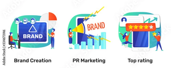 Obraz Business marketing illustration set. Brand creating, PR marketing, reputation. Bright colorful storytelling. Isolated illustration pack for your design, infographic, landing page, app designing and an