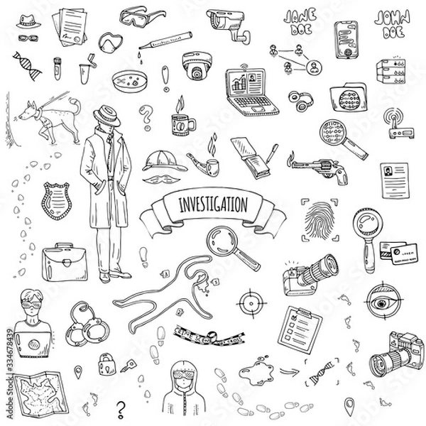 Obraz Hand drawn doodle Investigation icons set. Vector illustration. Investigative discovery elements collection. Cartoon detective various sketch symbol: private investigator, dog, magnifier, crime scene