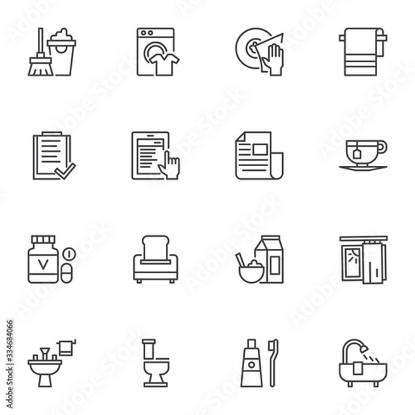 Obraz Daily routine line icons set. linear style symbols collection, outline signs pack. vector graphics. Set includes icons as cleaning, dishwashing, planning, morning breakfast, shower, newspaper, toilet