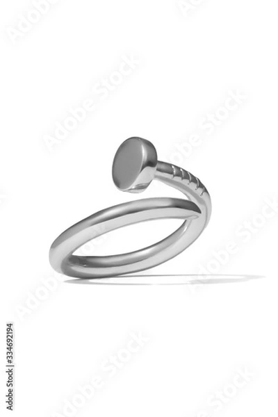 Fototapeta Close-up shot of an unlocked silver ring made as a bent nail. The unusual ring is isolated on the white background. 