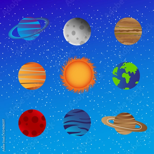 Fototapeta Set of colorful bright planets of the solar system against the background of night sky with stars. Flat style