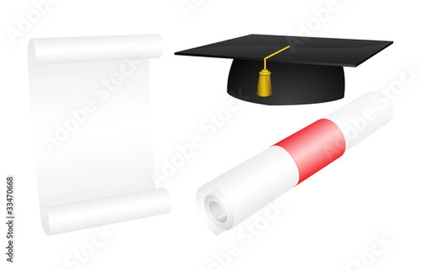 Fototapeta Vector mortarboard with a rolled and opened diploma