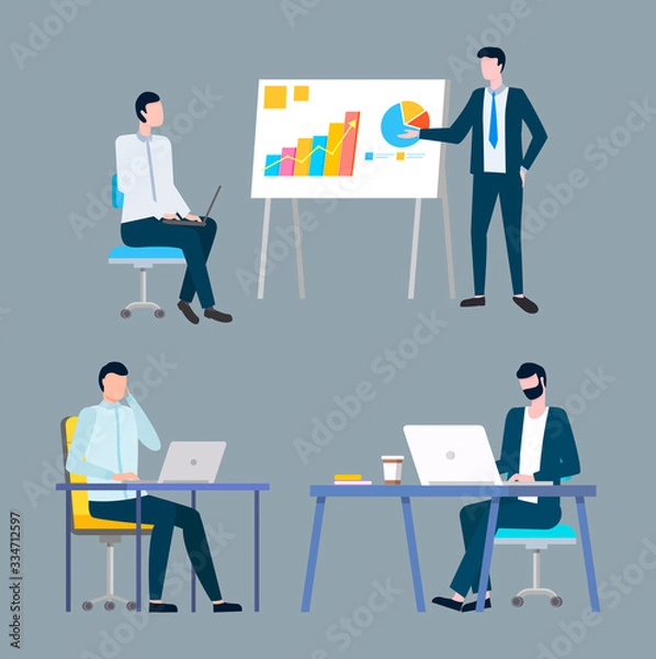 Obraz Employee presenting rising chart and diagram on board, men workers sitting on chair and using laptop, people working at table, teamwork success vector