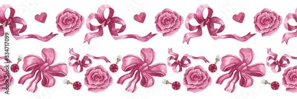 Fototapeta Hand-drawn seamless watercolor ribbon. Borders with ribbons, bows, hearts, roses and precious pendants. A set of patterns for decorative adhesive tape, textiles, scrap-booking, design and etc. 