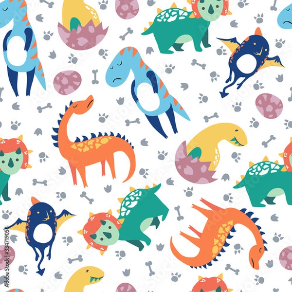 Fototapeta Dinosaurs seamless pattern for kids, Creative vector childish background
