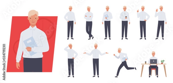 Fototapeta Business man character set. Different poses and emotions. Vector illustration in a flat style