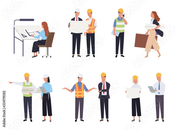 Fototapeta Collection of male and female architects and construction engineers. Profession, occupation or job set. Vector illustration in a flat style