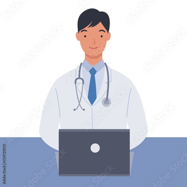 Fototapeta Male doctor in white medical coats working with his laptop computer. Vector illustration in a flat style