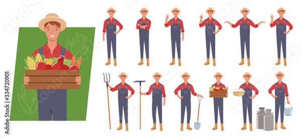 Fototapeta Male farmer character set. Different poses and emotions. Vector illustration in a flat style