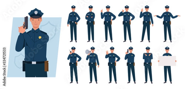 Fototapeta Policeman character set. Different poses and emotions. Vector illustration in a flat style