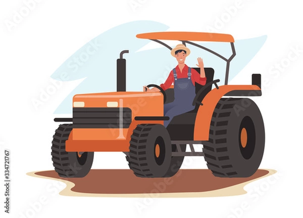 Fototapeta Smiling farmer driving a tractor and waving hello. Vector illustration in a flat style