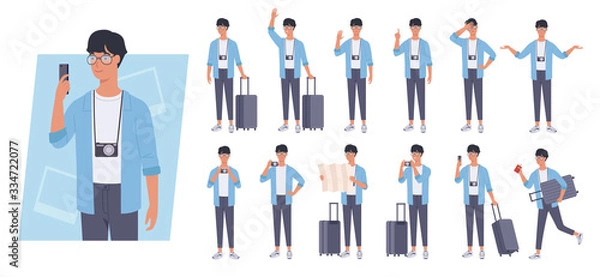 Fototapeta Tourist man with luggage character set. Different poses and emotions. Vector illustration in a flat style
