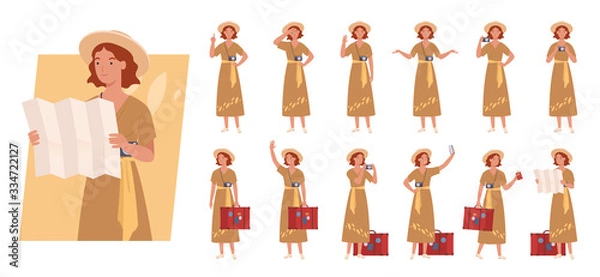 Fototapeta Tourist woman with luggage character set. Different poses and emotions. Vector illustration in a flat style