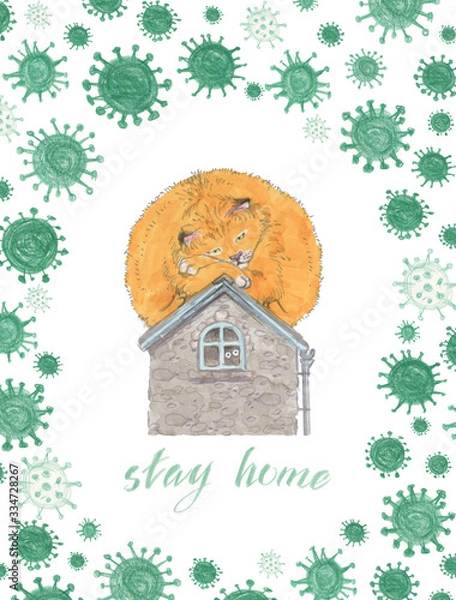 Obraz Card with the phrase Stay home and round red cat guarding the house from viruses around