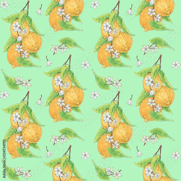 Obraz Seamless pattern with lemons on green background for wrapper, textile, scrapbooking paper

