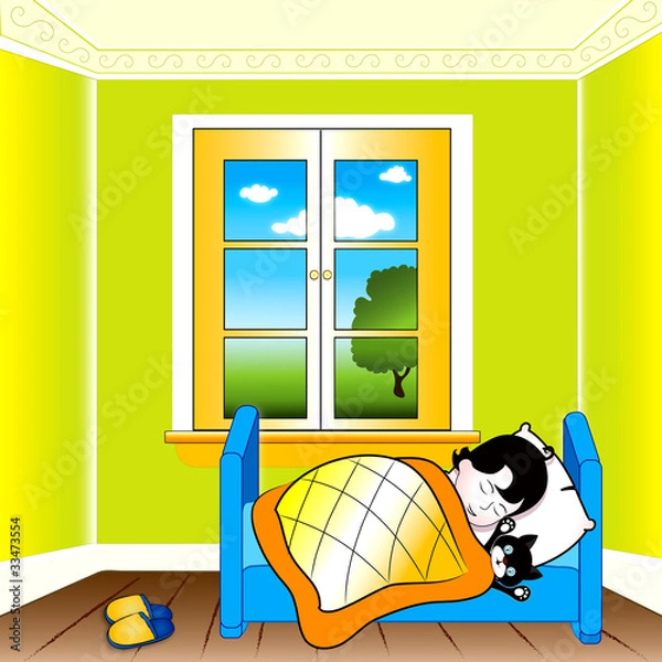 Obraz Child sleeping beside his cat