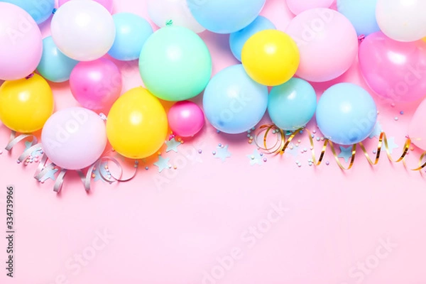 Fototapeta Pink birthday background with balloons, confetti and streamers, top view