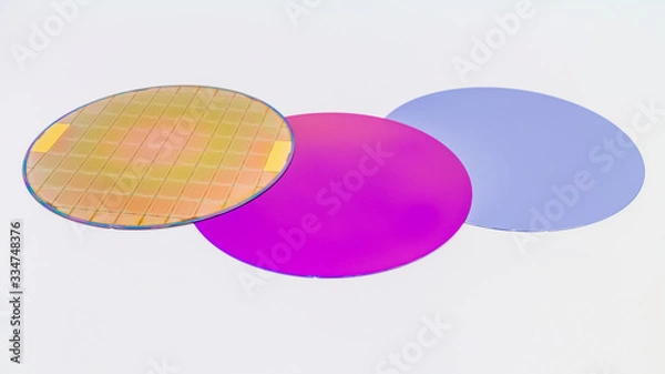 Fototapeta Silicon Wafers three types -empty grey wafer,purple wafer with SiO film and gold wafes with microchips