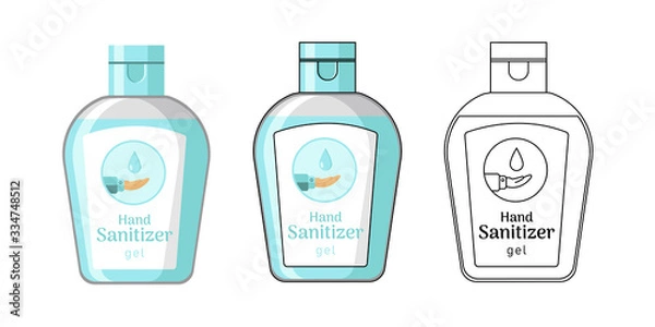 Obraz Blue hand sanitizer gel flat vector illustration. Set of three illustrations in different styles.