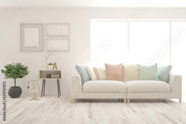 Fototapeta White living room with sofa. Scandinavian interior design. 3D illustration