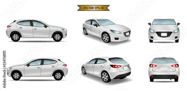 Fototapeta Set cars mockup realistic white isolated on the background. Ready to apply to your design. Vector illustration.