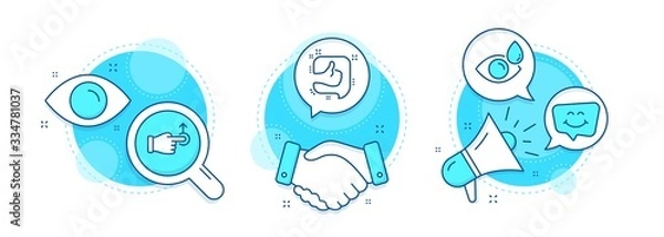 Fototapeta Like, Smile chat and Drag drop line icons set. Handshake deal, research and promotion complex icons. Eye drops sign. Thumb up, Happy face, Move. Check vision. Business set. Vector
