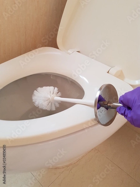 Obraz Closeup of lady using brush to wash toilet.  Hygiene concept.