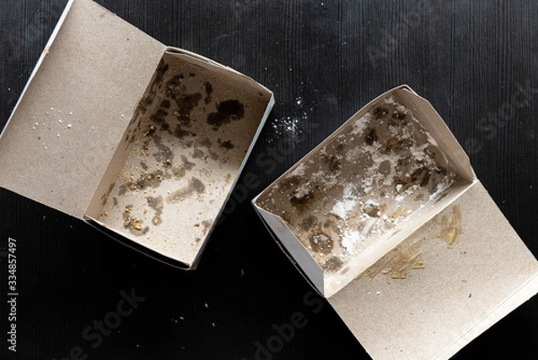 Obraz Empty box of mini doughnuts with custard and chocolate sauce and nuts